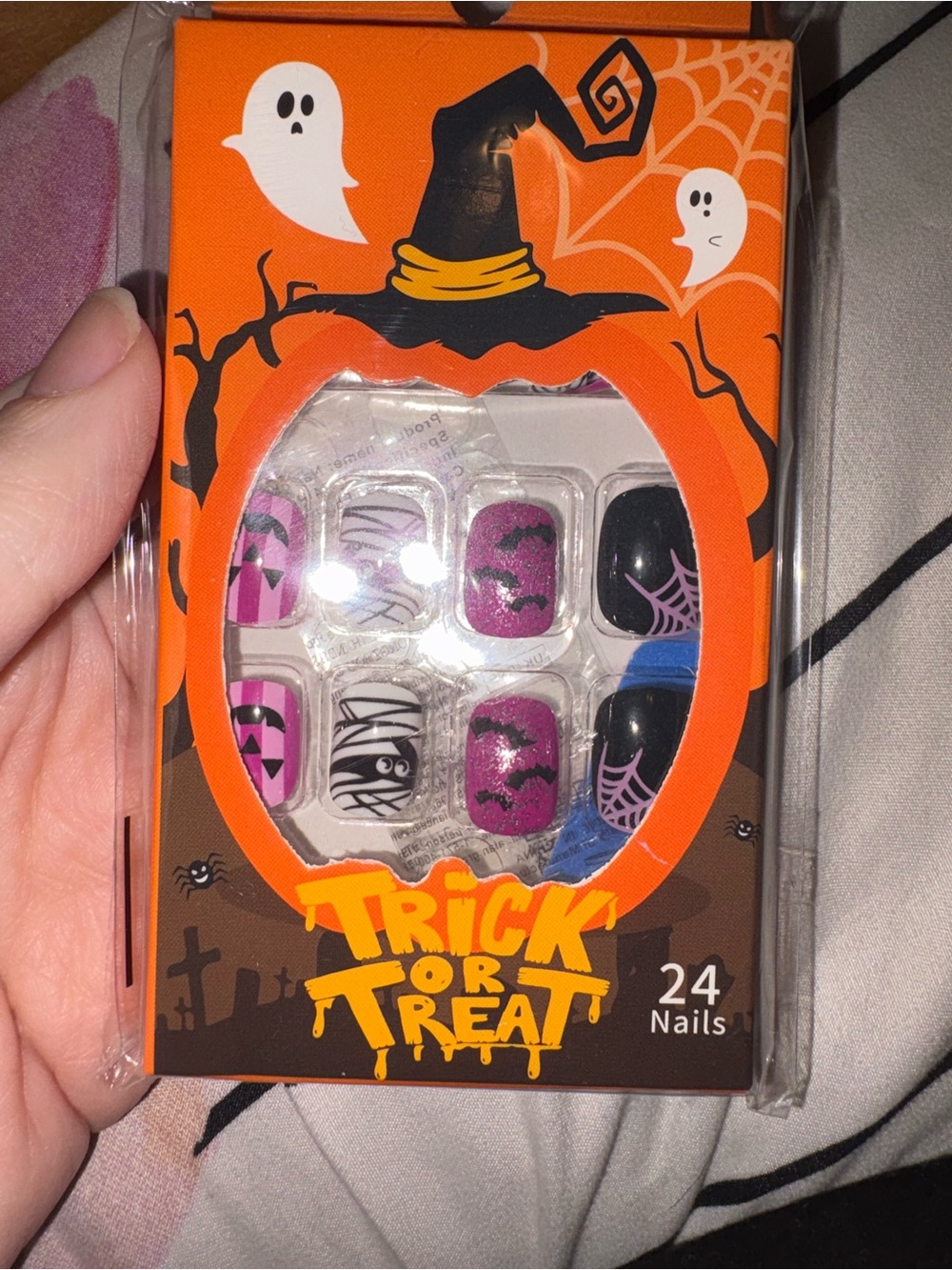 Halloween Fake Nail Set - Purple & Black Trick or Treat Design